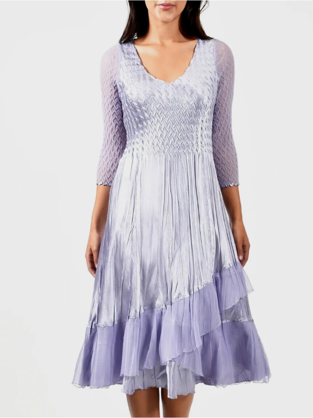Komarov tiered charmeuse chiffon quarter sleeve dress in lilac - XS nwt